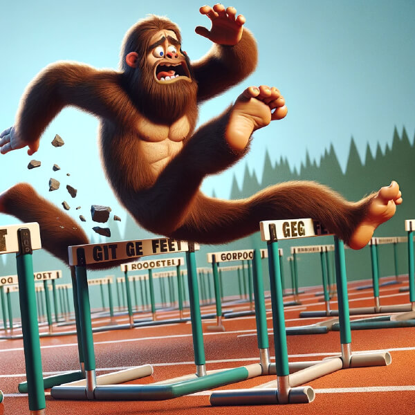 AI generated image of monkey failing to jump over hurtles on a track field