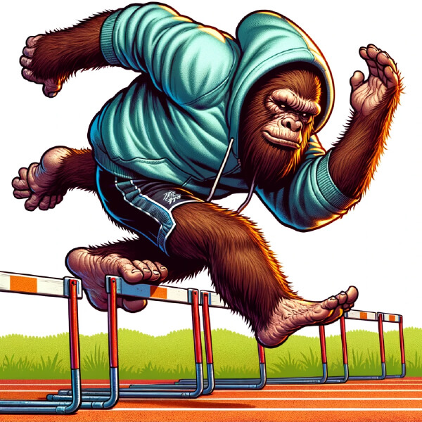 AI generated image of monkey succeeding to jump over hurtles on a track field