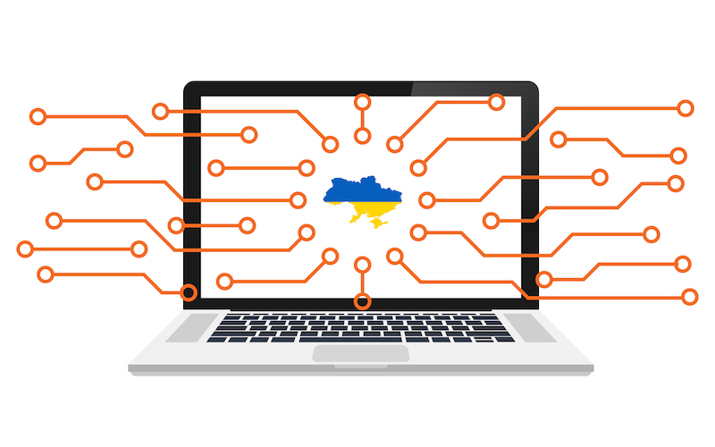 graphic with map of Ukraine on pc screen and network connections all around