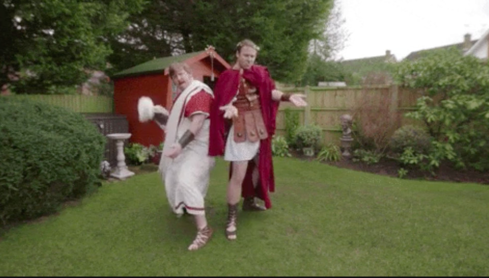 Two guys roleplaying in roman armor