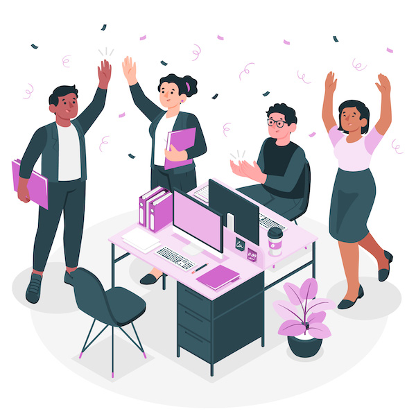 Vector graphic showing a group of office workers celebrating