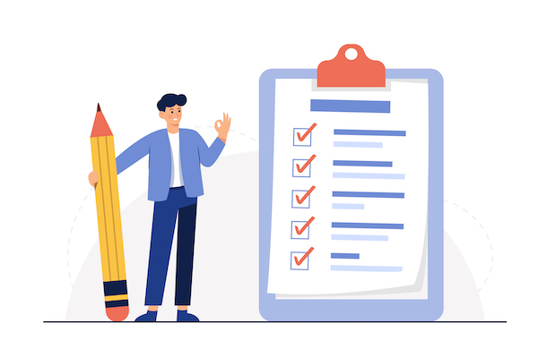 vector graphic showing a man with a giant pencil next to a giant clipboard with a checklist.