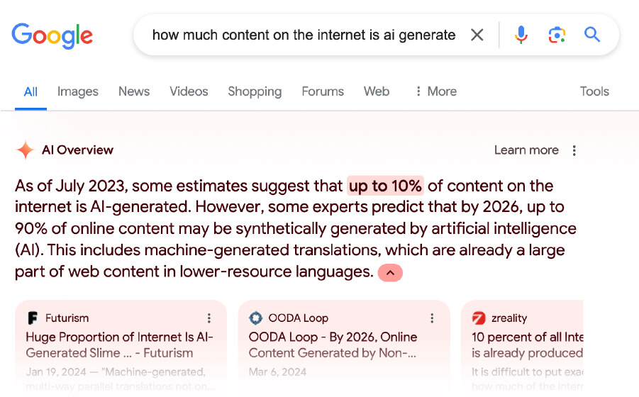 Google screenshot showing AI overview of how much content is AI generated