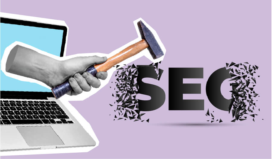 Arm reaching out of a computer to smash the word SEO with a hammer