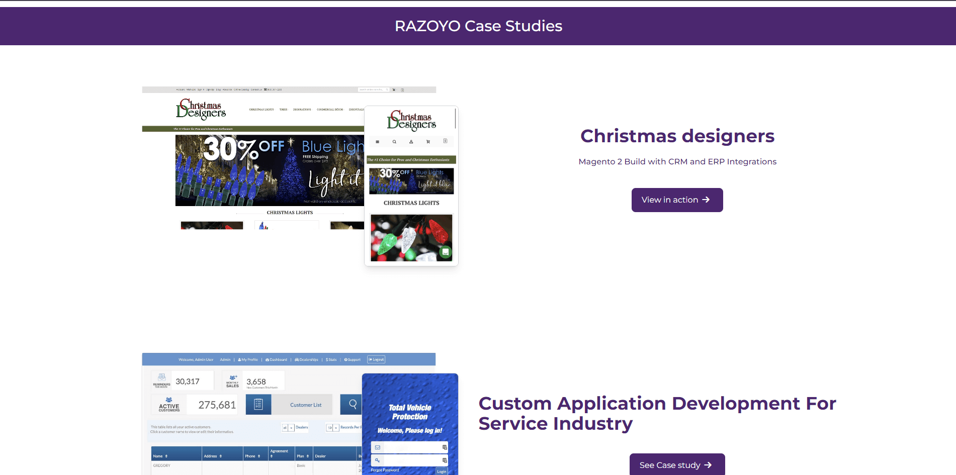 Screenshot of case studies featured