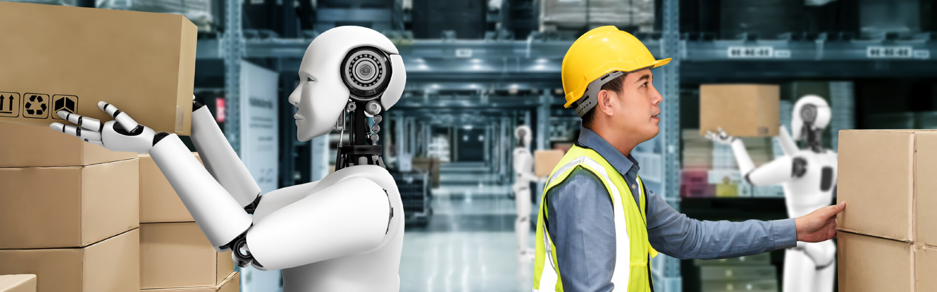 AI-generated image of a robot and human working in a warehouse