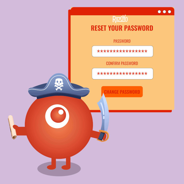 vector graphic showing a pirate zoy with a map and scimitar in front of a password reset box